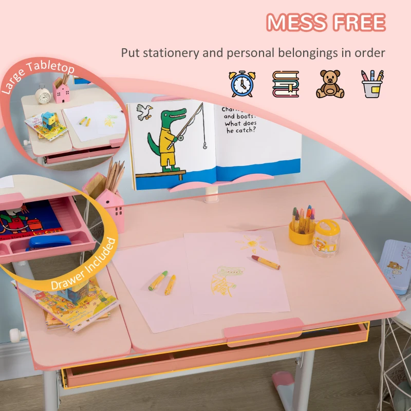Qaba Kids Desk, Height Adjustable Children School Study Table, Student Writing Desk with Tilt Desktop, Drawer, Reading Board, Pink