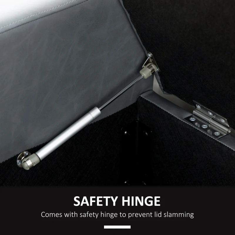 HOMCOM Storage Ottoman Bench with Soft Closing Hinged Lid, Faux Leather Upholstered Bench with Button Tufted Design and Armrests for Living Room, Gray