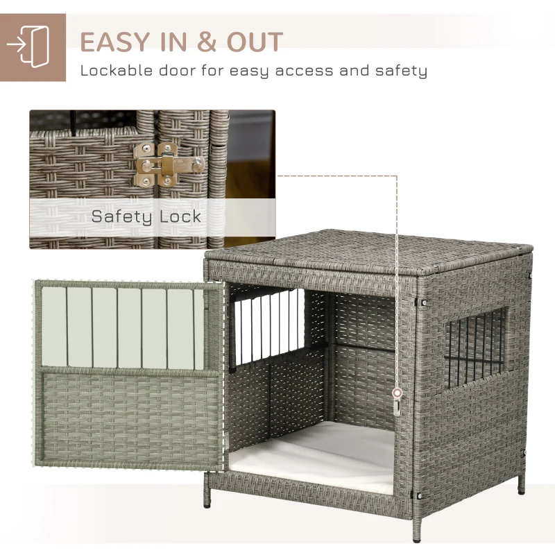 PawHut Rattan Dog Crate Cage, Dog Kennel Furniture with Soft Washable Cushion and Lockable Door for Small Sized Dogs, Gray