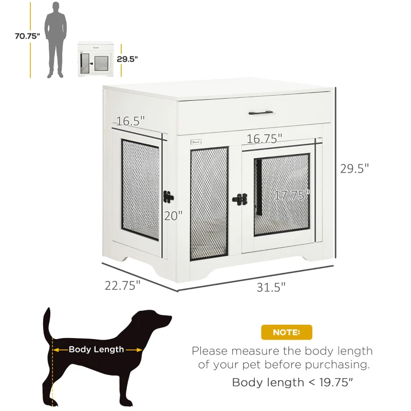 PawHut Dog Crate Furniture with Soft Water-Resistant Cushion, Dog Kennel End Table with Drawer, Puppy Crate for Small Dogs Indoor with 2 Doors, White