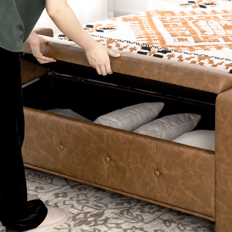 HOMCOM Storage Ottoman Bench with Soft Closing Hinged Lid, Faux Leather Upholstered Bench with Button Tufted Design and Armrests for Living Room, Brown