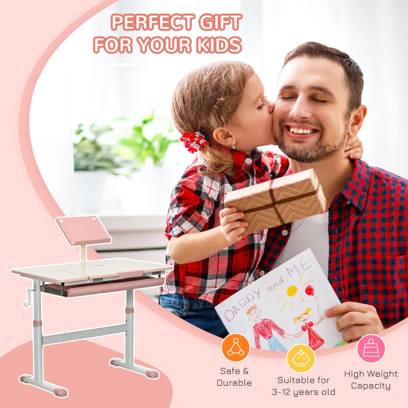 Qaba Kids Desk, Height Adjustable Children School Study Table, Student Writing Desk with Tilt Desktop, Drawer, Reading Board, Pink