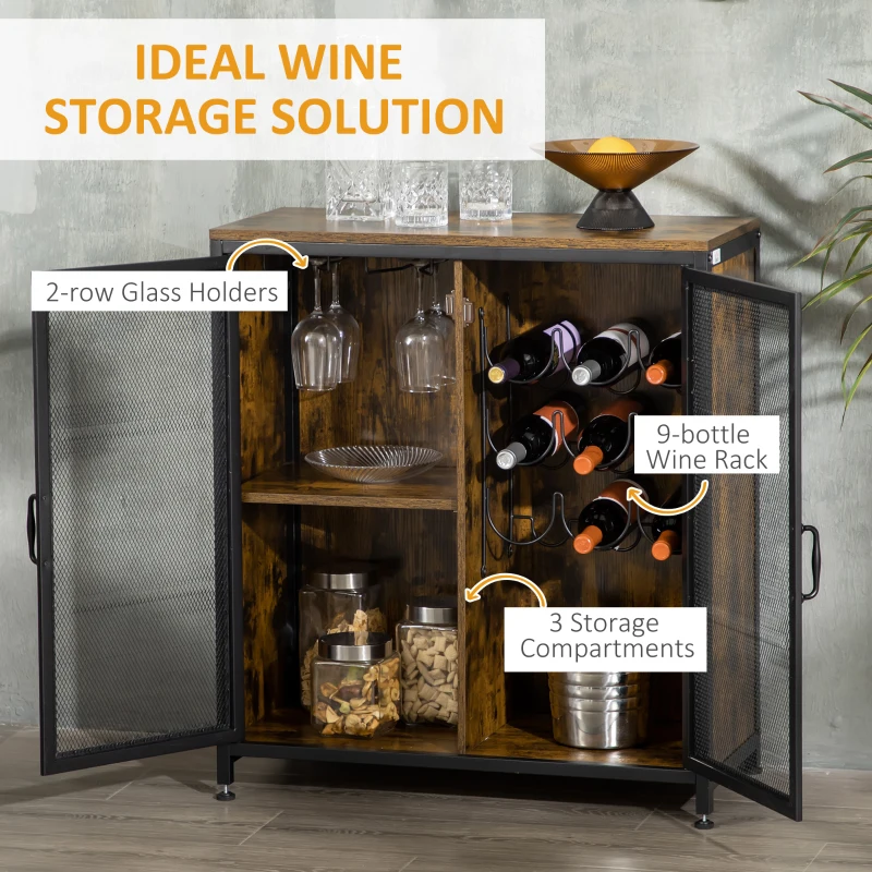 HOMCOM Industrial Wine Cabinet with 9 Bottle Wine Rack, Retro Liquor Cabinet with Glass Holders, Mesh Doors, and Storage Shelf for Home Bar, Dining Room, Rustic Brown
