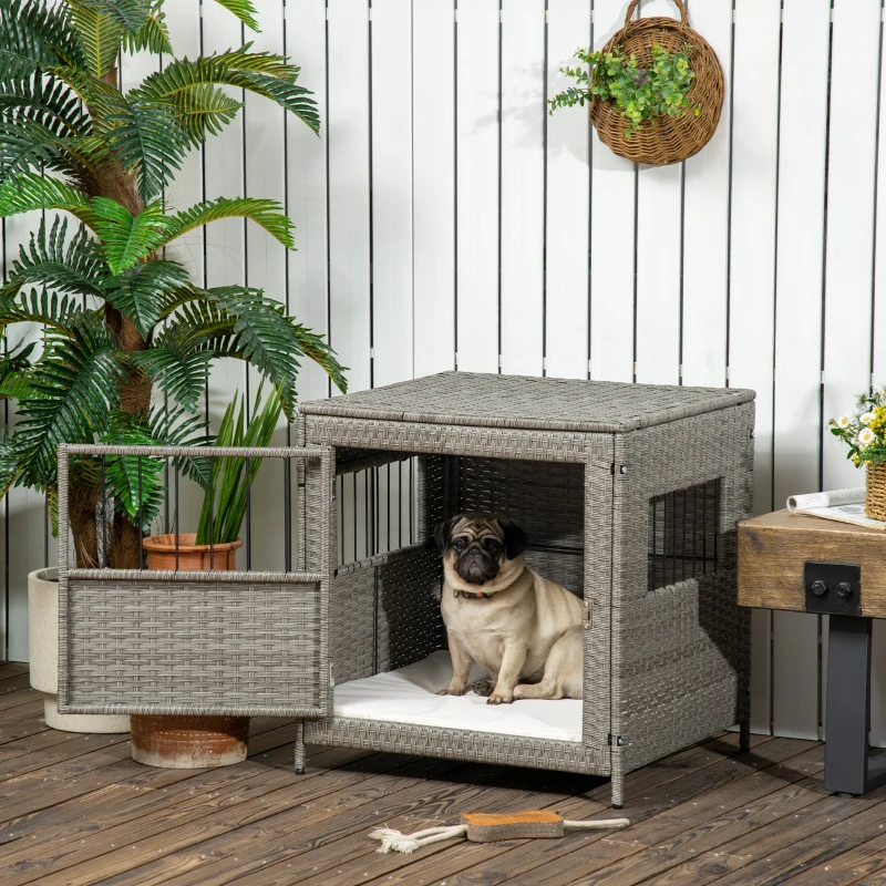 PawHut Rattan Dog Crate Cage, Dog Kennel Furniture with Soft Washable Cushion and Lockable Door for Small Sized Dogs, Gray
