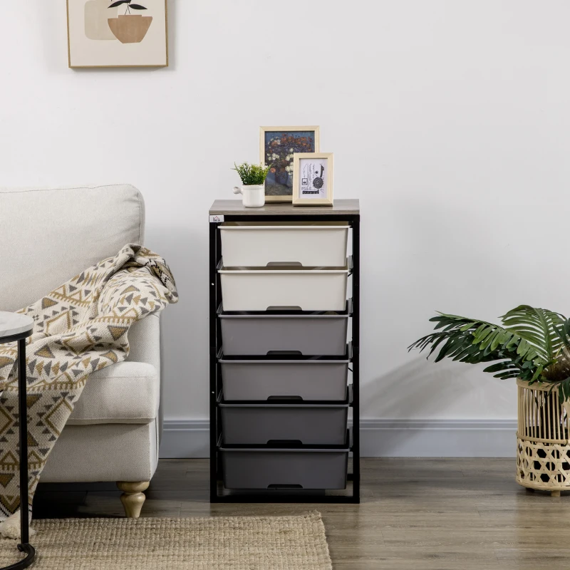 HOMCOM Dresser Storage Drawers with 6 Plastic Bins and Steel Frame, Crafting Bins for Living Room, Bedroom, Gray