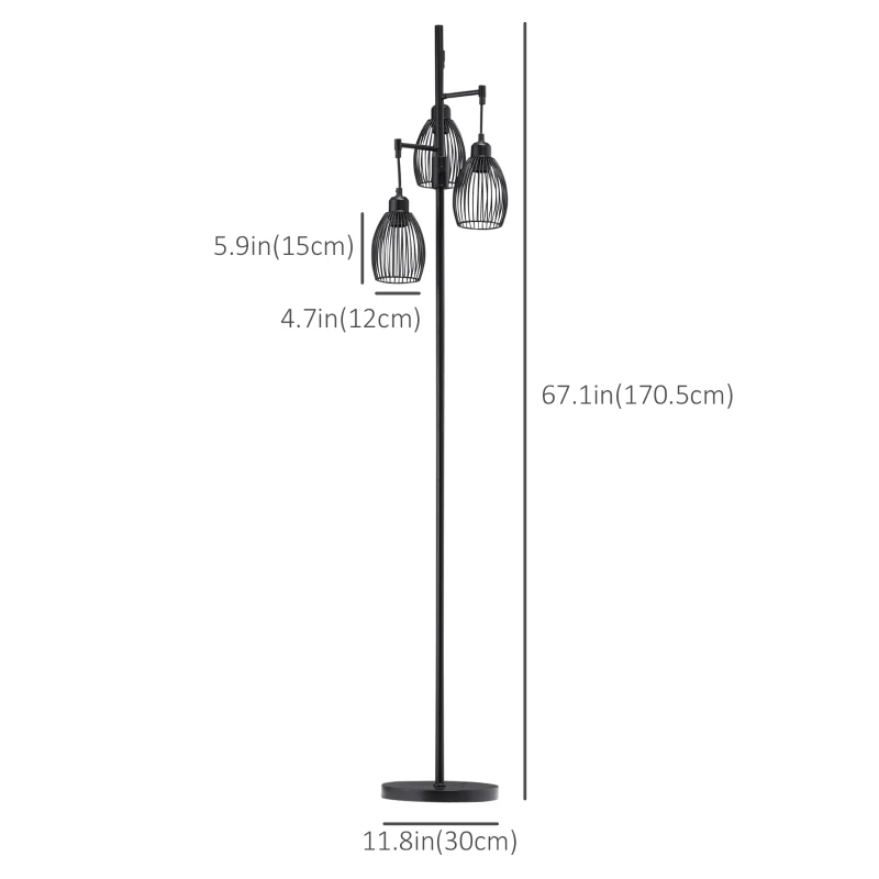 HOMCOM Industrial Floor Lamp with 3 Hanging Wire Lampshades, Dimmable Standing Lamp for Living Room, Bedroom, Dining Room, Study, Black