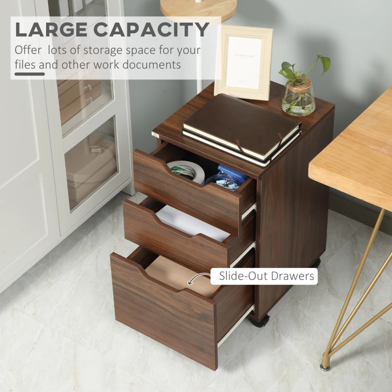 HOMCOM 3 Drawer Mobile File Cabinet, Rolling Printer Stand, Vertical Filing Cabinet, Brown Wood Grain