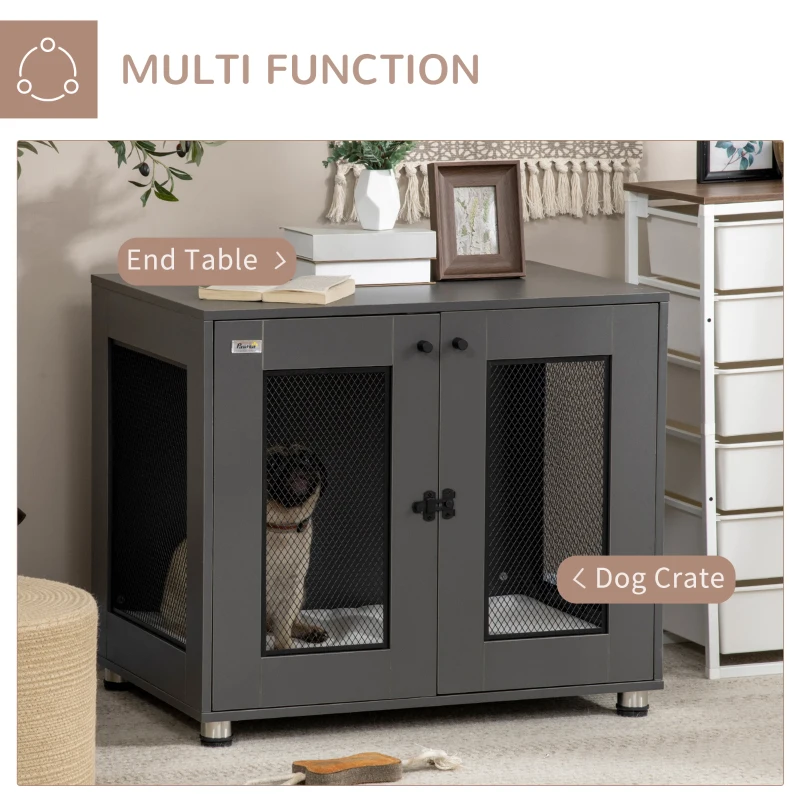 PawHut Dog Crate Indoor Dog Kennel for Small Medium Dogs with Double Doors, 31.5" x 21.75" x 27.5", Grey