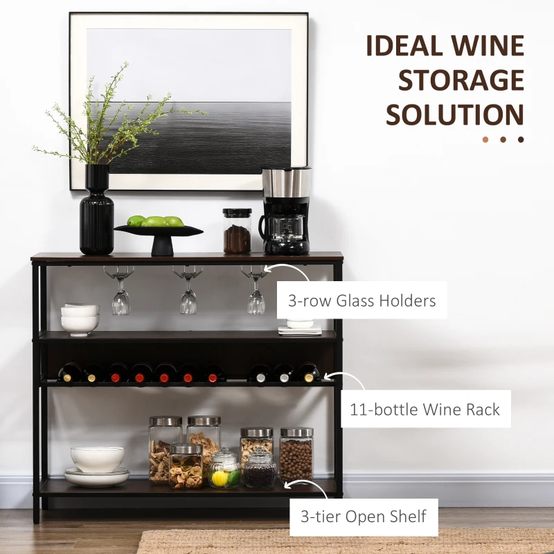 HOMCOM Industrial Wine Rack with 11-Bottles Holder, FreeStanding Wine Shelf with Glass Holders for Home Bar, Dark Brown