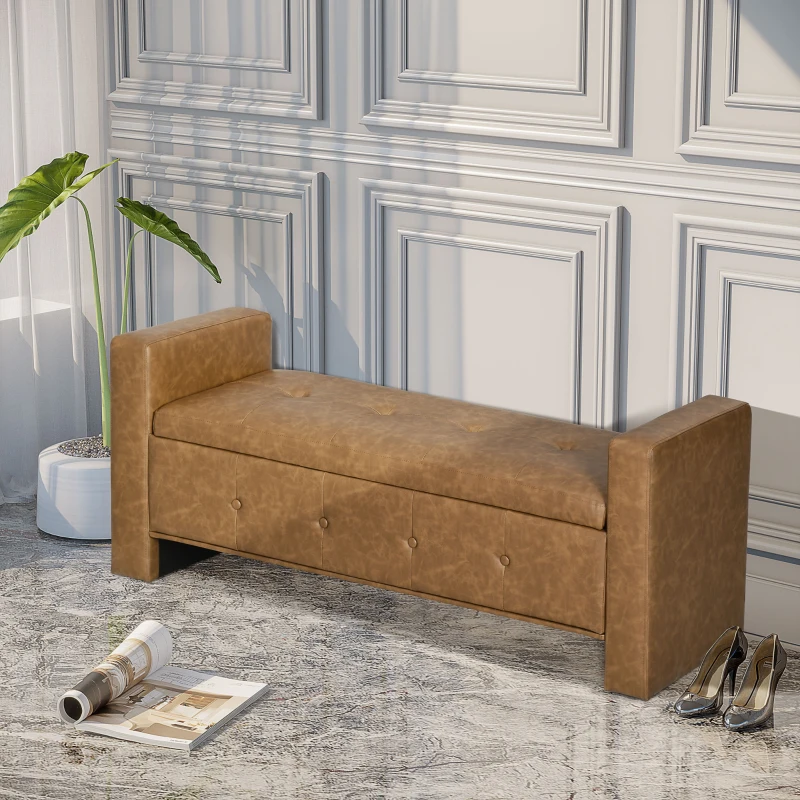 HOMCOM Storage Ottoman Bench with Soft Closing Hinged Lid, Faux Leather Upholstered Bench with Button Tufted Design and Armrests for Living Room, Brown