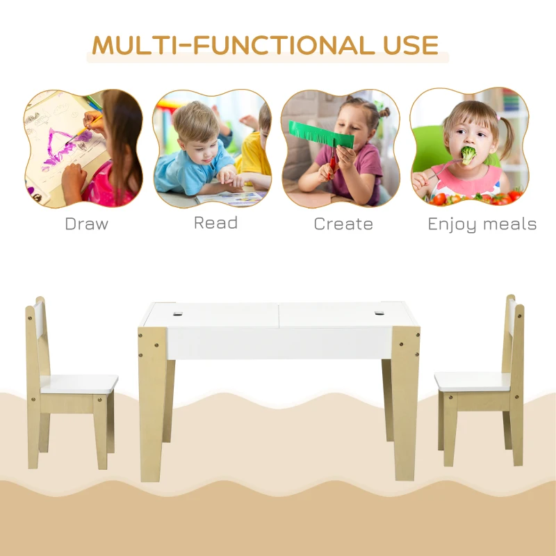 Qaba 3 Pcs Kids Table and Chair Set with Storage Under Tabletop, Activity Table and 2 Chairs, Kids Drawing Table for Playroom Furniture, White