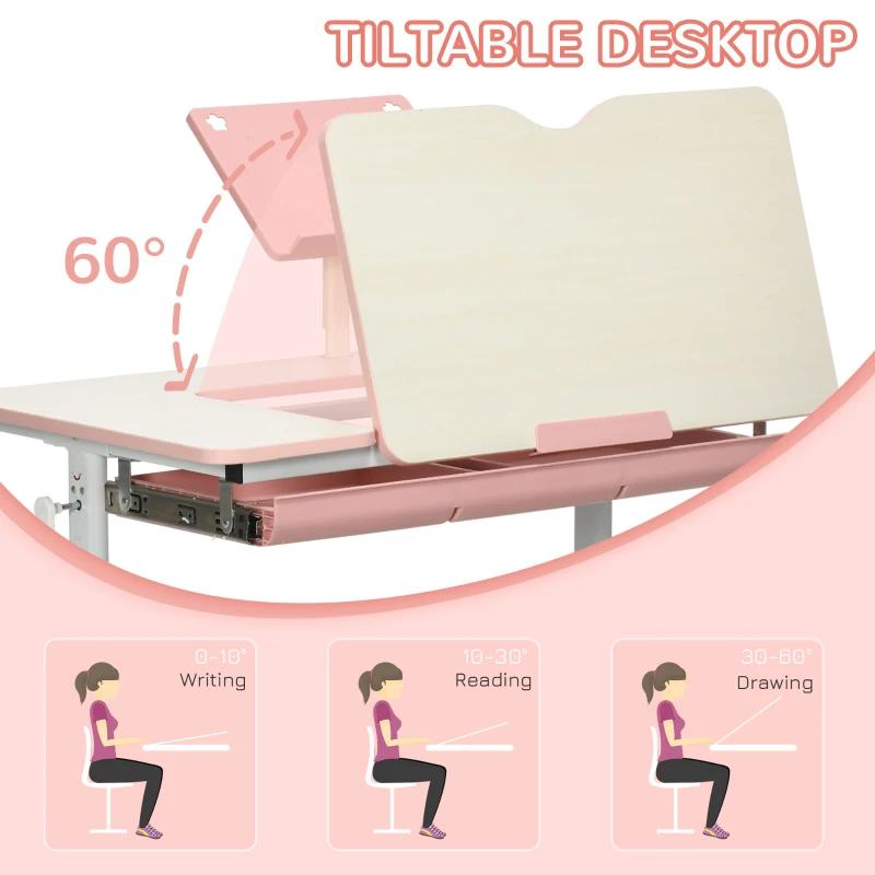 Qaba Kids Desk, Height Adjustable Children School Study Table, Student Writing Desk with Tilt Desktop, Drawer, Reading Board, Pink