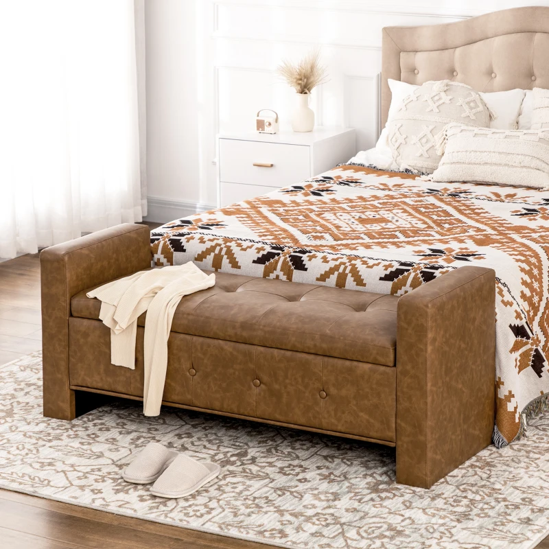 HOMCOM Storage Ottoman Bench with Soft Closing Hinged Lid, Faux Leather Upholstered Bench with Button Tufted Design and Armrests for Living Room, Brown