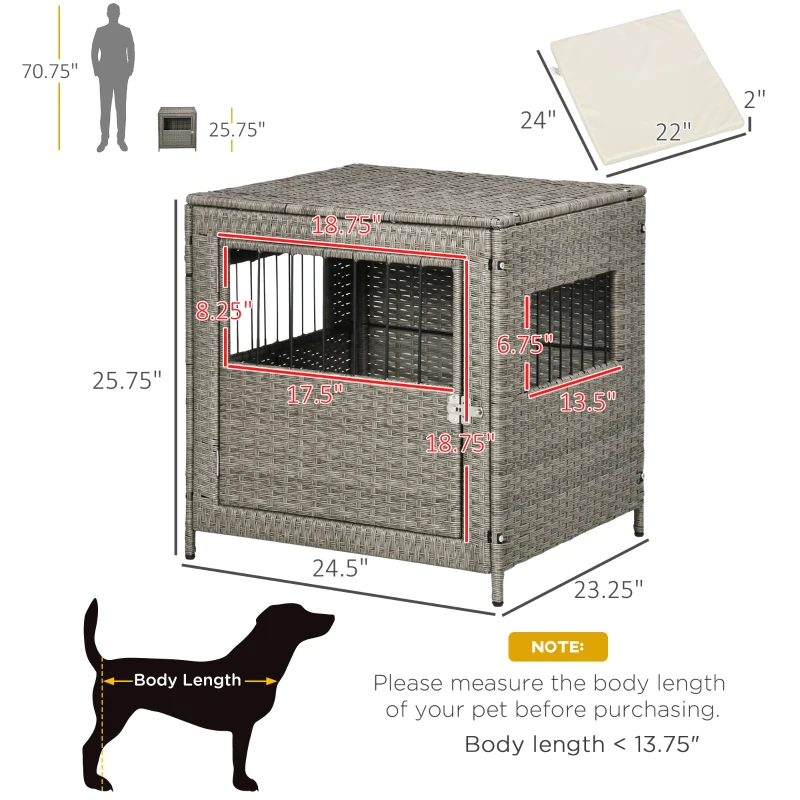 PawHut Rattan Dog Crate Cage, Dog Kennel Furniture with Soft Washable Cushion and Lockable Door for Small Sized Dogs, Gray