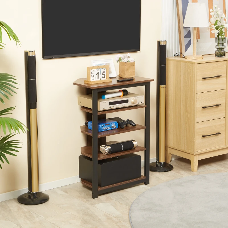 HOMCOM Media Stand with 4-Tier Audio Rack AV Media Corner Shelf with Cable Management for DVD Players Game Console TV Box Cable Box Xbox WiFi Router, Brown