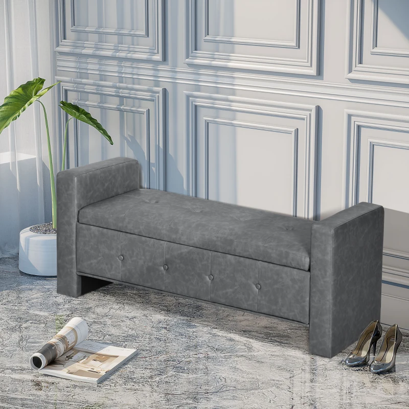 HOMCOM Storage Ottoman Bench with Soft Closing Hinged Lid, Faux Leather Upholstered Bench with Button Tufted Design and Armrests for Living Room, Gray