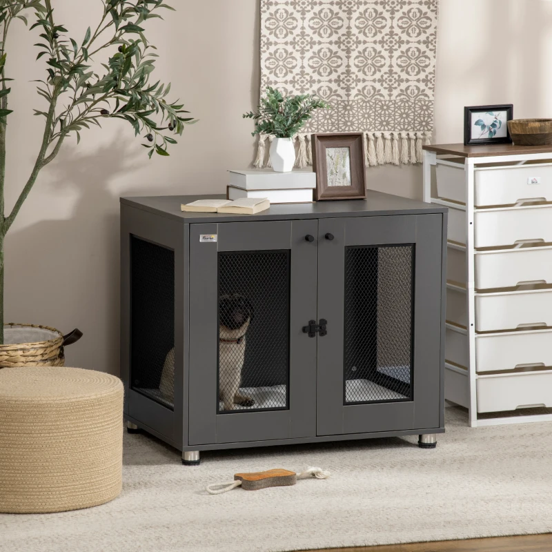 PawHut Dog Crate Indoor Dog Kennel for Small Medium Dogs with Double Doors, 31.5" x 21.75" x 27.5", Grey