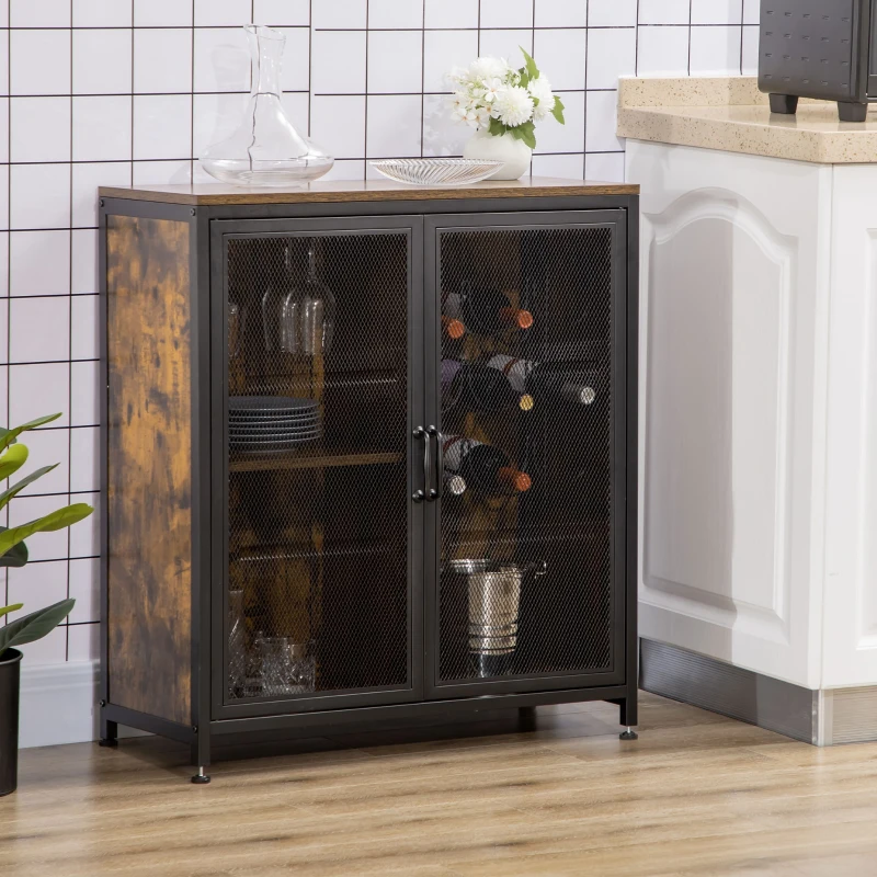 HOMCOM Industrial Wine Cabinet with 9 Bottle Wine Rack, Retro Liquor Cabinet with Glass Holders, Mesh Doors, and Storage Shelf for Home Bar, Dining Room, Rustic Brown