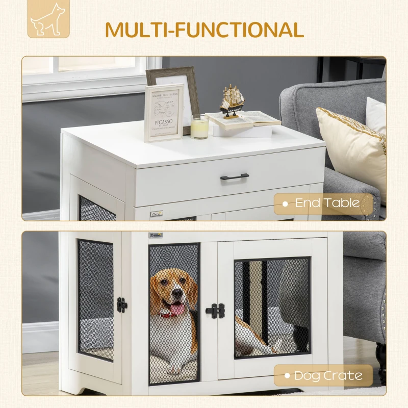 PawHut Dog Crate Furniture with Soft Water-Resistant Cushion, Dog Kennel End Table with Drawer, Puppy Crate for Small Dogs Indoor with 2 Doors, White