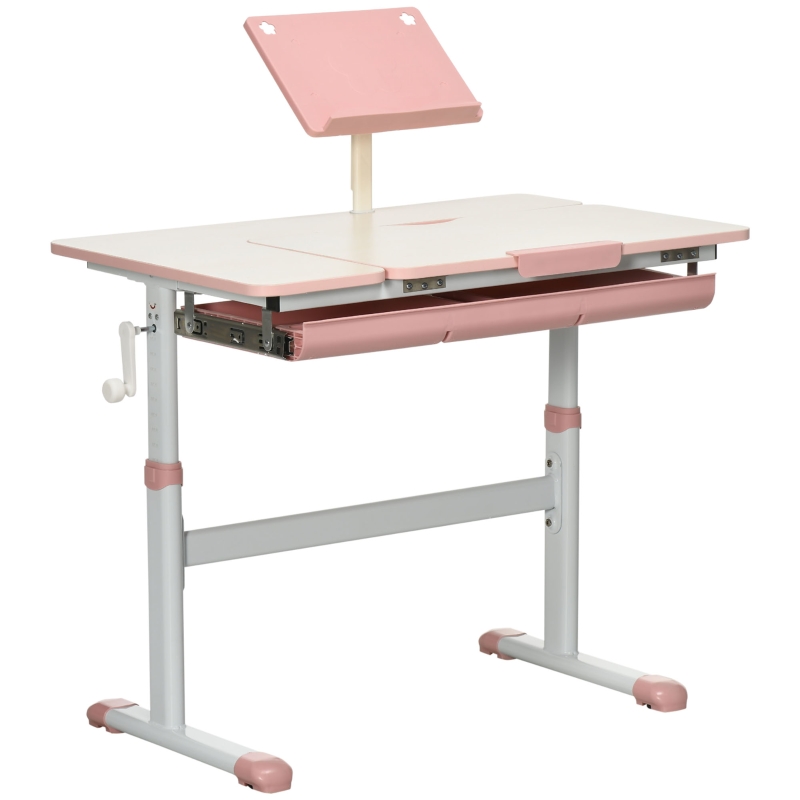 Qaba Kids Desk, Height Adjustable Children School Study Table, Student Writing Desk with Tilt Desktop, Drawer, Reading Board, Pink
