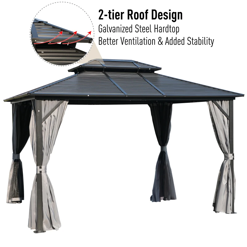Outsunny 10' x 12' Steel Hardtop Gazebo Garden Sun Shelter with Mosquito Netting and Curtains Hanging Hook Aluminum Frame Black