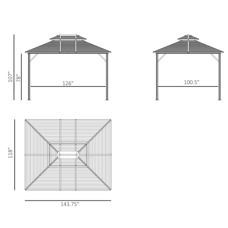 Outsunny 10' x 12' Steel Hardtop Gazebo Garden Sun Shelter with Mosquito Netting and Curtains Hanging Hook Aluminum Frame Black
