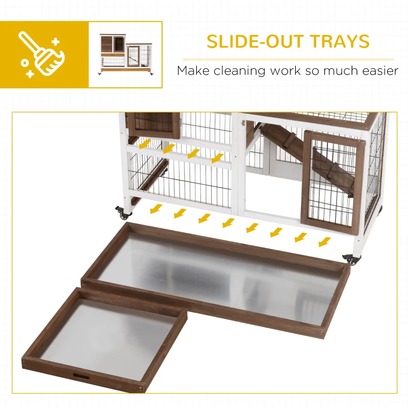 PawHut Wooden Rabbit Hutch, Indoor Bunny Cage with Wheels, Pull Out Trays, Run, Brown