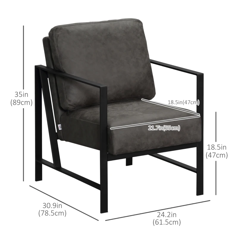 HOMCOM Industrial Accent Chairs with Cushioned Seat and Back, Upholstered Faux Leather Armchair for Bedroom, Living Room Chair with Arms and Steel Legs, Grey