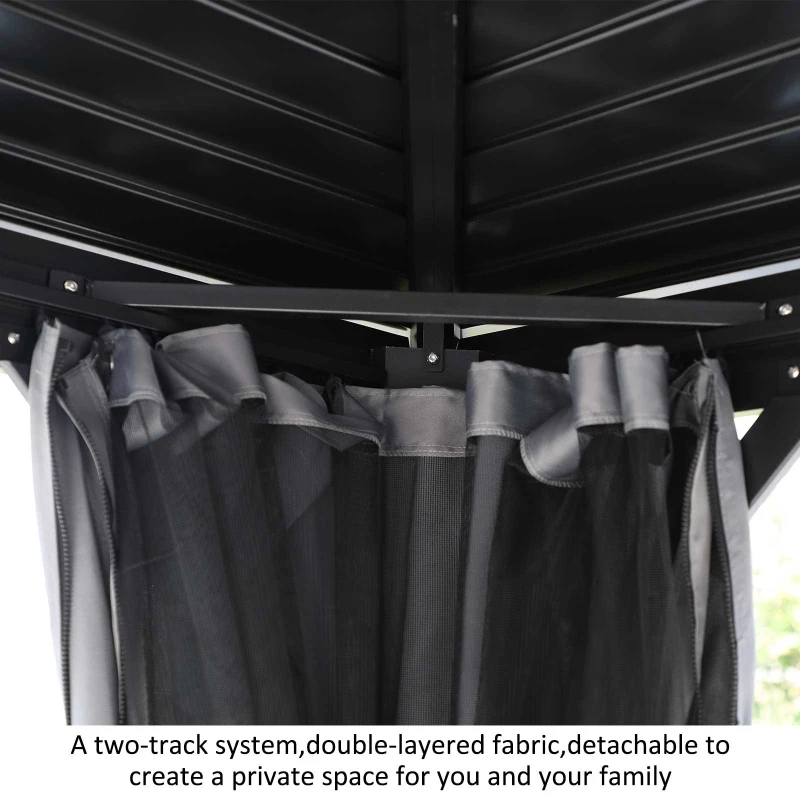 Outsunny 10' x 12' Steel Hardtop Gazebo Garden Sun Shelter with Mosquito Netting and Curtains Hanging Hook Aluminum Frame Black