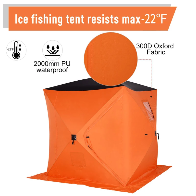 Outsunny 2-4 Person Pop-up Ice Fishing Tent Portable Ice Fishing Shelter with Ventilation Windows and Carrying Bag Hub Fish Shelter, Orange