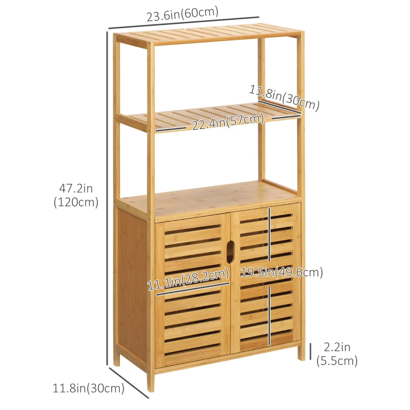 kleankin Bamboo Bathroom Cabinet, Bathroom Floor Cabinet with 2 Open Shelves and 2 Slatted Doors, Freestanding Linen Tower for Washroom, Natural