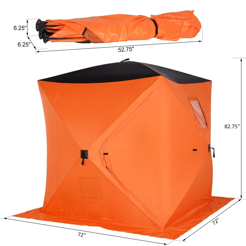 Outsunny 2-4 Person Pop-up Ice Fishing Tent Portable Ice Fishing Shelter with Ventilation Windows and Carrying Bag Hub Fish Shelter, Orange