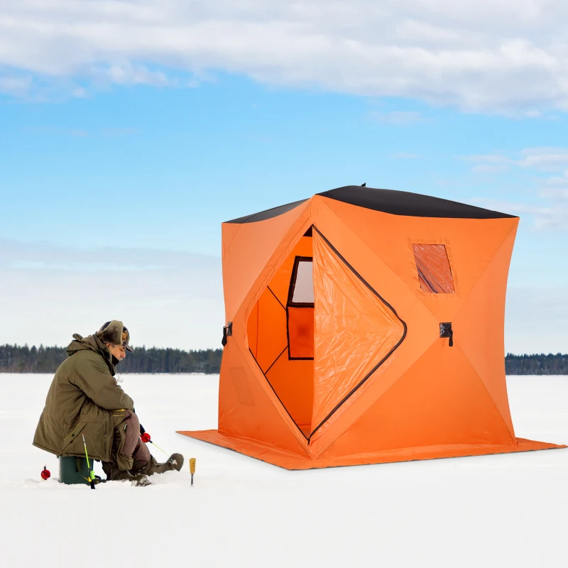 Outsunny 2-4 Person Pop-up Ice Fishing Tent Portable Ice Fishing Shelter with Ventilation Windows and Carrying Bag Hub Fish Shelter, Orange