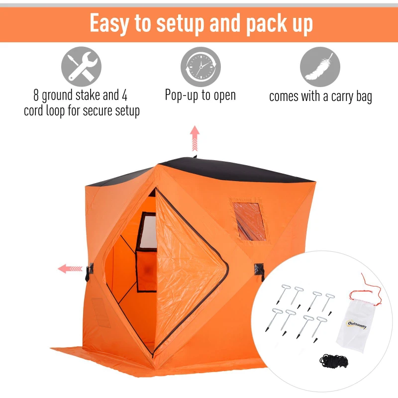 Outsunny 2-4 Person Pop-up Ice Fishing Tent Portable Ice Fishing Shelter with Ventilation Windows and Carrying Bag Hub Fish Shelter, Orange