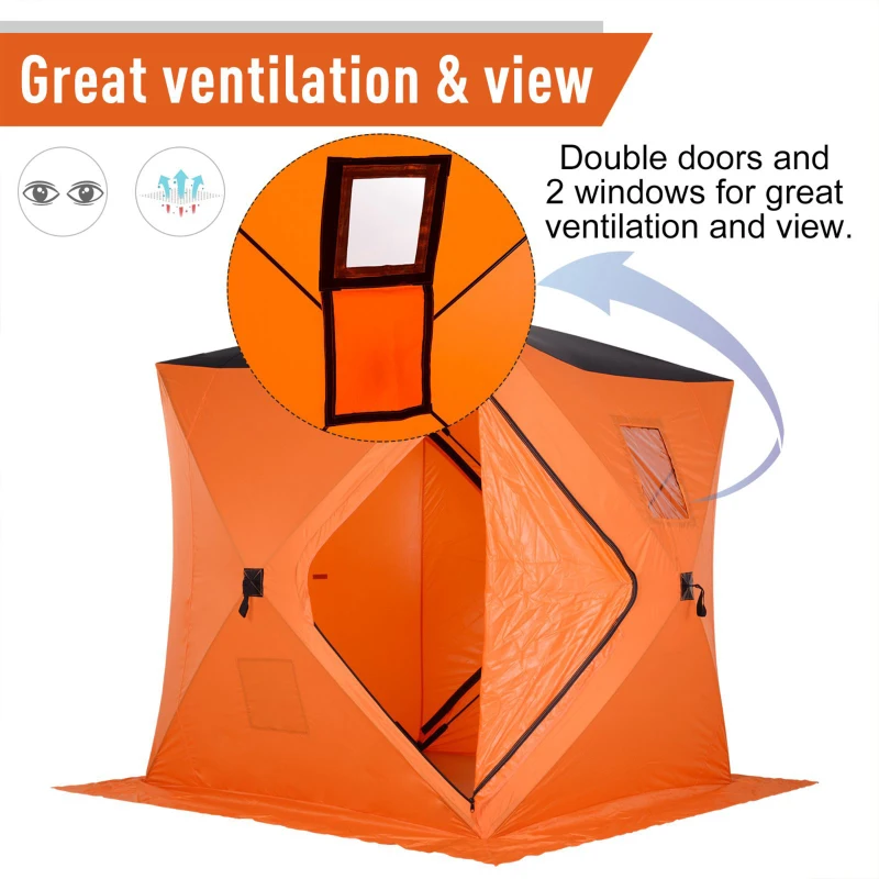 Outsunny 2-4 Person Pop-up Ice Fishing Tent Portable Ice Fishing Shelter with Ventilation Windows and Carrying Bag Hub Fish Shelter, Orange
