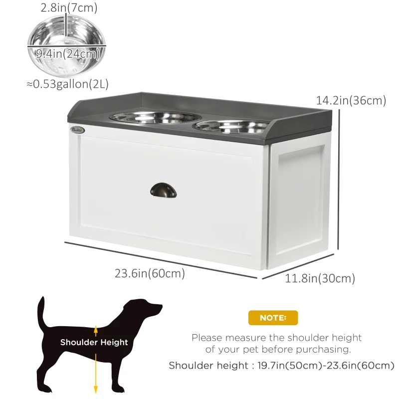 PawHut Elevated Dog Bowls Raised Pet Feeding Station with Storage 2 Stainless Steel Bowls, 23.6"x11.8" x14.2", White