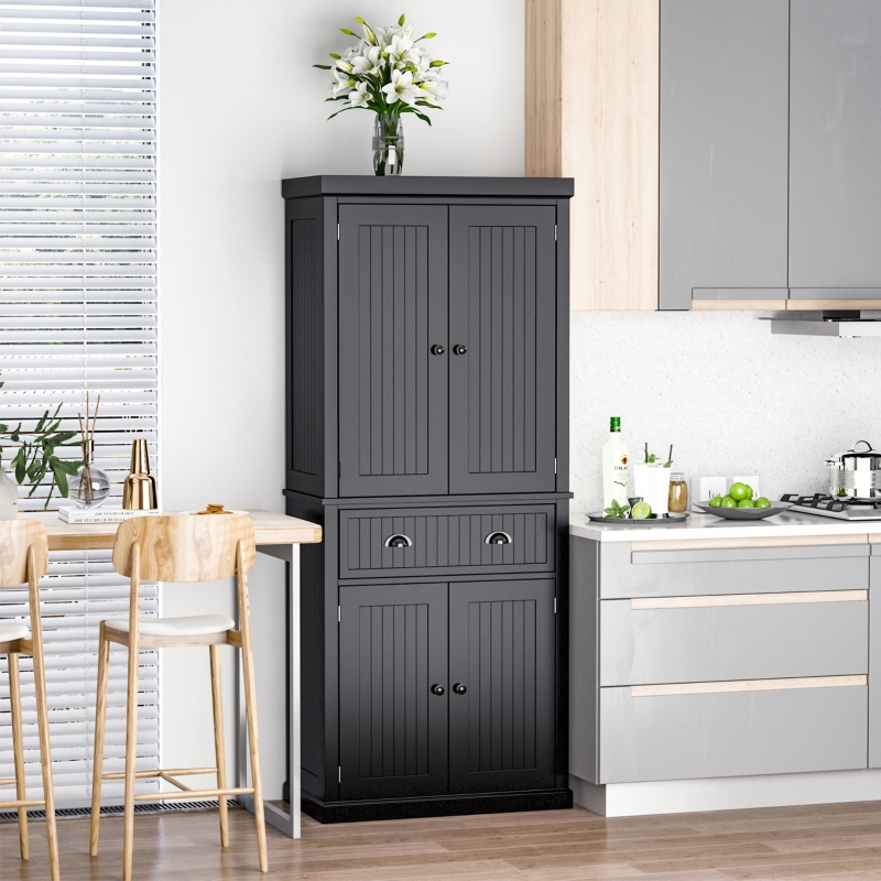 HOMCOM Traditional Storage Cabinet Cupboard Freestanding Kitchen Pantry with Drawer, Doors and Adjustable Shelves, Black