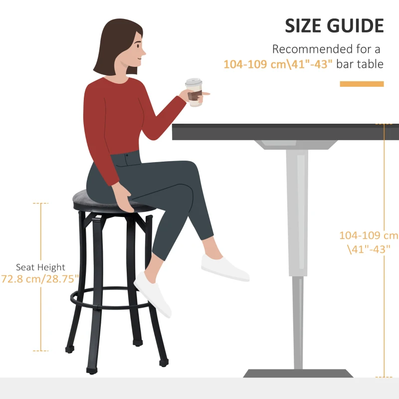 HOMCOM Bar Stools Set of 2, Vintage Barstools with Footrest and Microfiber Cloth, 29 Inch Bar Height Stool with Powder-Coated Steel Legs for Kitchen and Dining Room, Brown