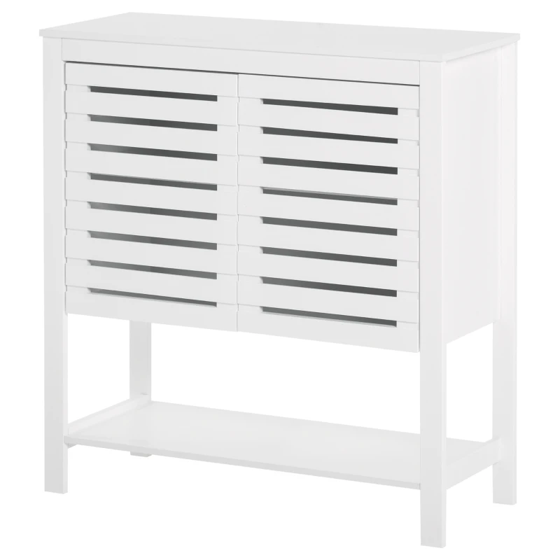 HOMCOM Slat Double Door Coffee Bar Cabinet, Sideboard Buffet Cabinet, Kitchen Cabinet with Bottom Shelf for Living Room, White