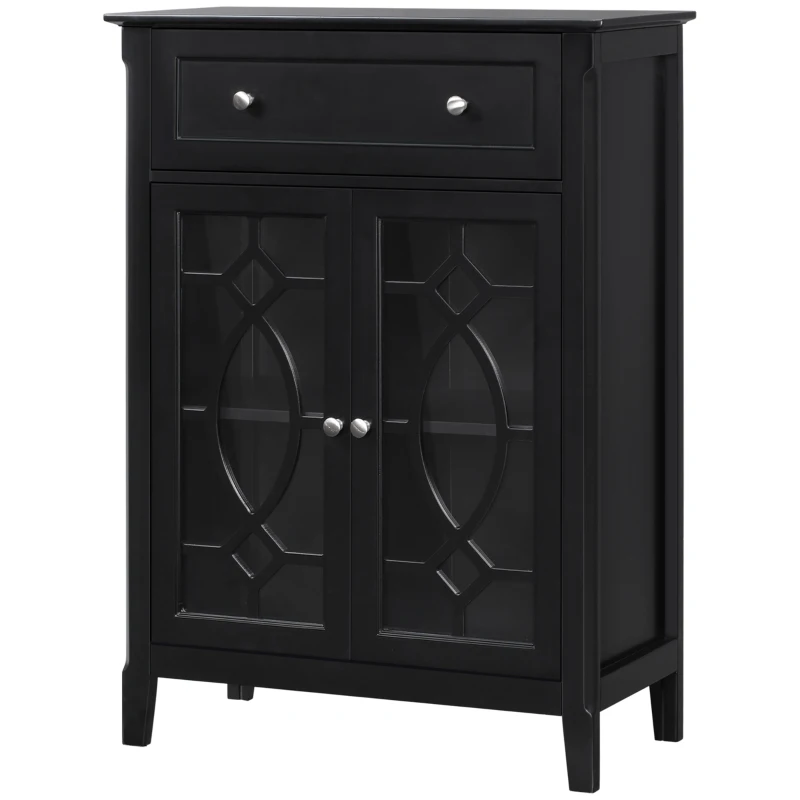 HOMCOM Sideboard Buffet Cabinet, Kitchen Storage Cabinet, Accent Cabinet with Drawer, Double Glass Doors and Adjustable Shelves for Living Room,Entryway, Black