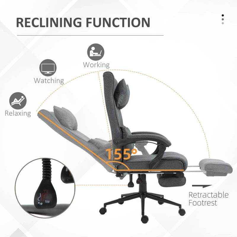 Vinsetto Ergonomic Executive Office Chair High Back Computer Desk Chair Linen Fabric 360° Swivel Adjustable Height Recliner with Headrest, Lumbar Support, Padded Armrest and Retractable Footrest, Gray