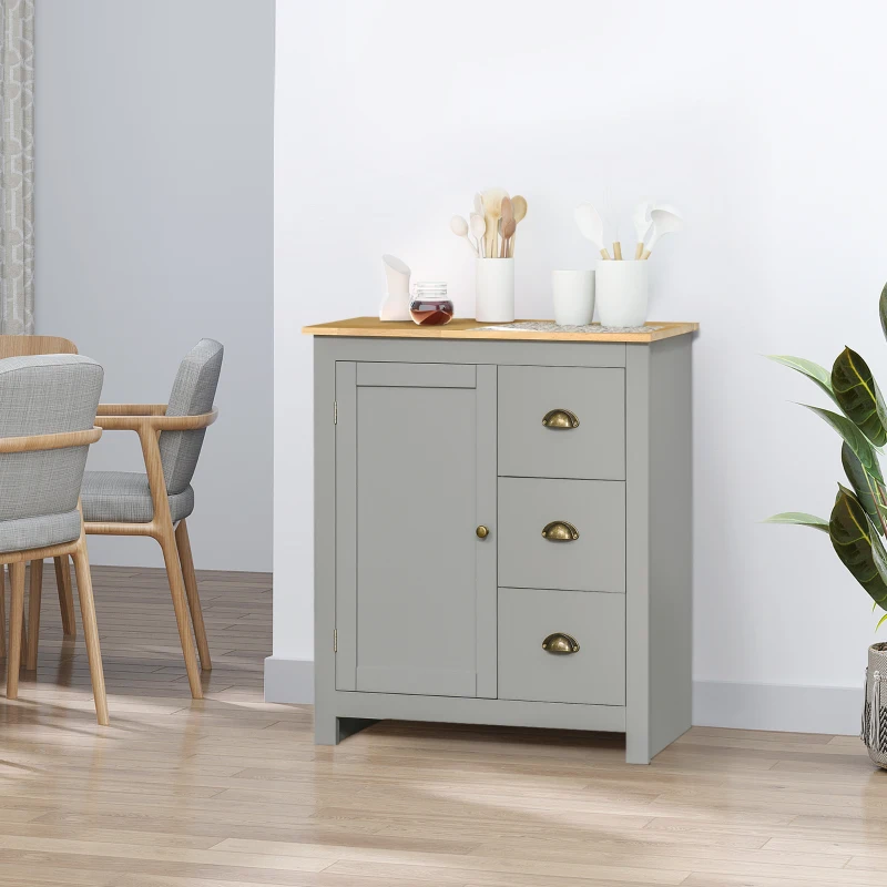HOMCOM Modern Kitchen Cabinet, Storage Sideboard, Buffet Table with Rubberwood Top, 3 Drawers and Cabinet with Adjustable Shelf, Grey