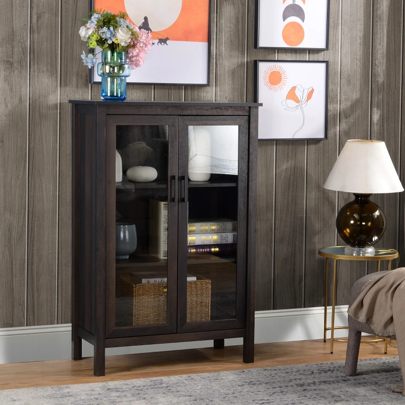 HOMCOM Sideboard Buffet Cabinet, Kitchen Storage Cabinet, Accent Cabinet with Double Glass Doors and Adjustable Shelves, Brown