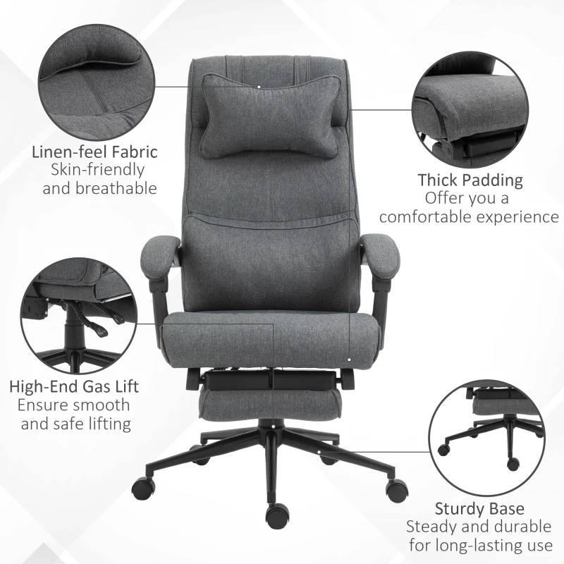 Vinsetto Ergonomic Executive Office Chair High Back Computer Desk Chair Linen Fabric 360° Swivel Adjustable Height Recliner with Headrest, Lumbar Support, Padded Armrest and Retractable Footrest, Gray