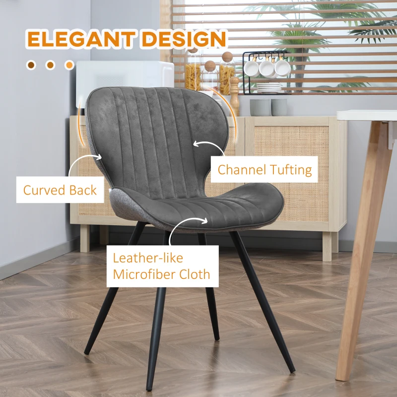 HOMCOM Mid-Century Dining Chairs Set of 2, Upholstered Accent Chairs, Armless Kitchen Chairs with Steel Legs for Living Room, Grey