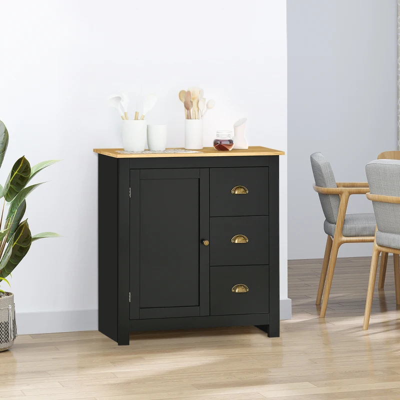 HOMCOM Modern Kitchen Cabinet, Storage Sideboard, Buffet Table with Rubberwood Top, 3 Drawers and Cabinet with Adjustable Shelf, Black