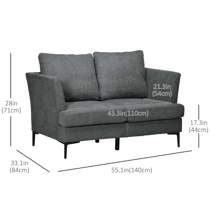 HOMCOM 54" Loveseat Sofa for Bedroom, Modern Love Seats Furniture, Upholstered Small Couch for Small Space, Grey