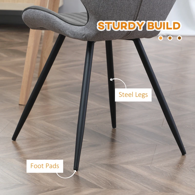 HOMCOM Mid-Century Dining Chairs Set of 2, Upholstered Accent Chairs, Armless Kitchen Chairs with Steel Legs for Living Room, Grey