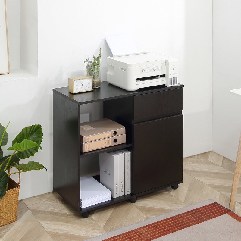 HOMCOM Filing Cabinet, Mobile Printer Stand with Open Storage Shelves, Drawer and Cabinet for Home Office, Black