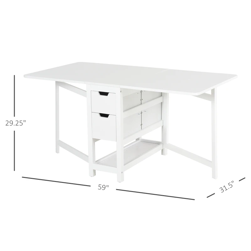 HOMCOM 59"L Expandable Foldable Dining Table with 2 Drawers & Bottom Storage Shelf, For Kitchken Dining Furniture, White